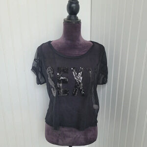 SANS SOUCI Sexy SEQUIN Black Net PARTY COCKTAIL WOMEN'S Sheer Cropped Top Sz S